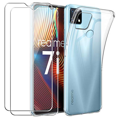 Funda para Realme 7i con Dos Cristal Templado Protector de Pantalla, Suave Transparente TPU Gel Silicona Protectora Carcasa para Realme 7i (6,5 Pulgadas)