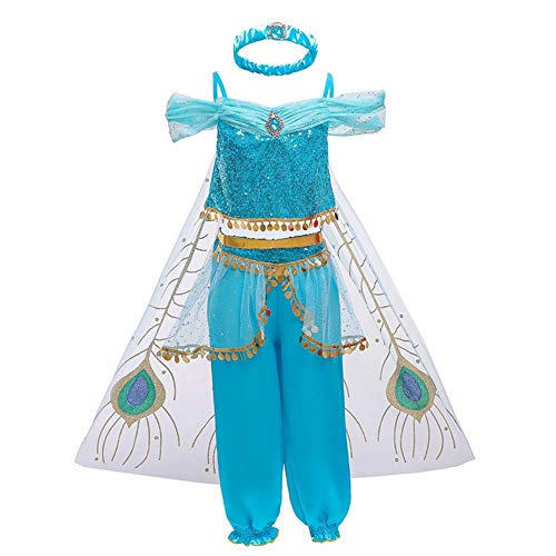 FYMNSI Niña Aladdin Princesa Jasmine Disfraz Tops Pantalones con Diadema Carnaval Traje Cosplay Actuación Navidad Regalo Halloween Fiesta Cumpleaños Danza Vientre Vestido de Princesa Azul 6-7 Años