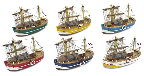 Générique 2150 Objeto de decoración Barco de Pesca de Madera Set de 6 10 x 9 x 3,5 cm, Multicolor