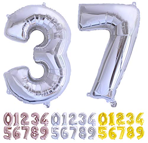 Globo numero 37 o 73 plata. Globos Gigante números 3 7 del 0 al 99 fiestas cumpleaños decoración fiesta aniversario boda tamaño grande 70 cm con accesorio para inflar aire o helio (37/73 Plata)