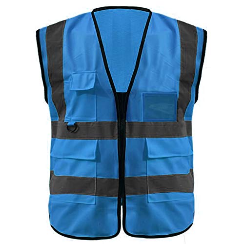 Gogo Chaleco de seguridad transpirable con cremallera frontal de alta visibilidad 5 bolsillos con tiras reflectantes Chaleco de uniforme Blue-M