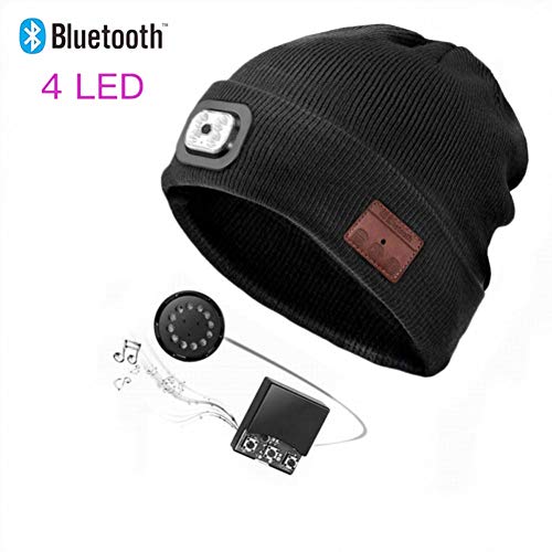 Gorro con Bluetooth con faro LED, recargable con Bluetooth inalámbrico, con manos libres, gorro de punto cálido para exteriores con brillo LED ajustable