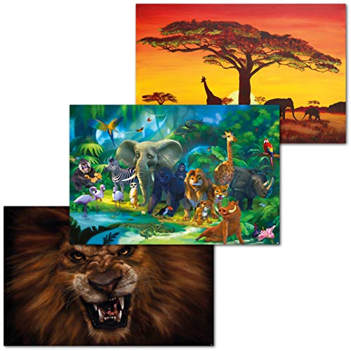GREAT ART 3er Set XXL Poster Kinder Motive – Animal Adventure – Afrika Savanne Dschungeltiere Brüllender Löwe Regenwald Dekor Inneneinrichtung Wandbild Plakat je 140 x 100 cm