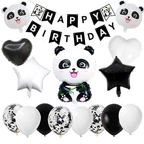 Gxhong Panda Party - Globos para decoración de cumpleaños infantil, con pancarta de feliz cumpleaños, confeti, globos de corazón, globos de papel de aluminio, para niñas y niños