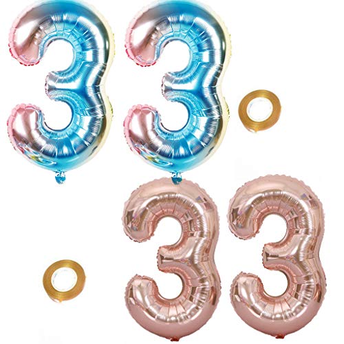 Haosell Juego de globos para fiesta con el número 33, arcoíris y oro rosa, globos de helio número 33 para cumpleaños, decoración XL de 32 pulgadas, globos para decoración de cumpleaños