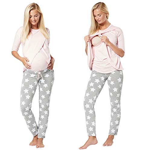 HAPPY MAMA Para Mujer Pijama Premamá Embarazo Lactancia Ropa de Salón 1021 (Polvo Rosa & Gris Mezcla con Estrellas, EU 36/38, S)