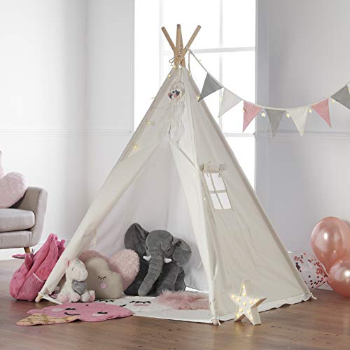 Haus Projekt Tienda Tipi para niños con Luces de Hadas, empavesado y Base Impermeable incluida - Tienda para Jugar e Imaginar, 100% algodón, para Interior / Exterior (Rosado/Blanco)