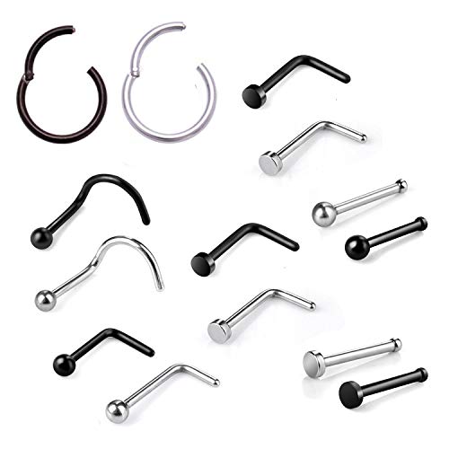 Hongyantech 14 Piezas Anillos Nariz Piercings en la Nariz Piercing en la Nariz Anillo en la Nariz Aro Pierna Pierna Septum Piercing 0.8mm Acero Inoxidable Negro