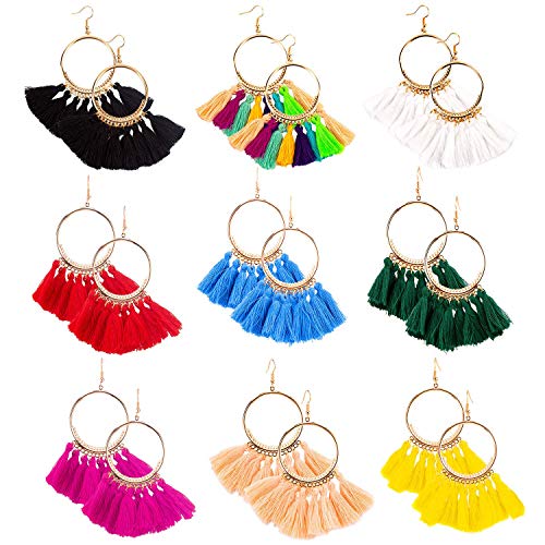 Hossom 9 Pares Bohemian Big Circle Hook Earrings, Pendientes de borlas, Estilo Bohemio Elegante Para Mujer Regalo Hossom 9 Pares Bohemian Big Circle Hook Earrings, Pendientes de borlas, Estilo Bohemio Elegante Para Mujer Regalo