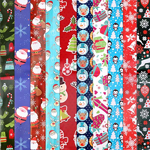 HOWAF 10 Hojas Navidad Papel para Regalo, 74 cm x 51 cm, Papel de Colores Embalaje Caja Tema Navidad Papel de Regalo, 10 diseños Copo de Nieve, Papá Noel, árbol de Navidad, Reno, etc