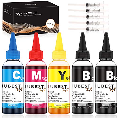 IUBEST Kit de Recarga Tinta 100 ml Cada Botella para Canon Impresoras Cartuchos de Tinta Recargables y Sistemas CISS (2 Negro, 1 Cian, 1 Magenta, 1 Amarillo)