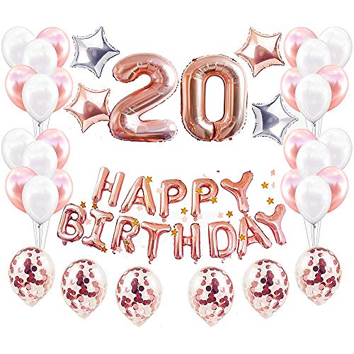 JinSu Decoracion Cumpleaños 20 Años, 48 PCS con Cumpleaños Globos Numero, Pancarta de Feliz Cumpleaños, Globos de Estrella, Globos de Confeti y Globos de Látex (Oro Rosa)