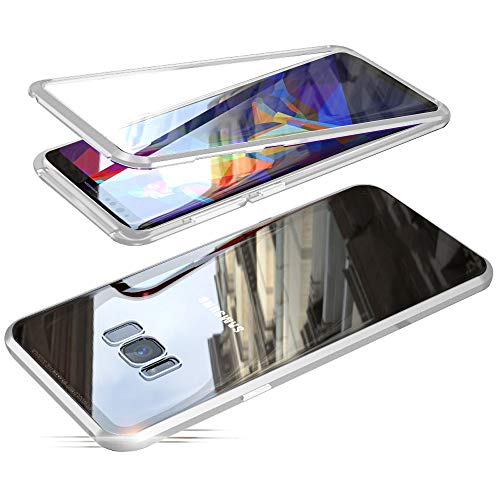 Jonwelsy Funda para Samsung Galaxy S8 Plus, Adsorción Magnética Parachoques de Metal con 360 Grados Protección Case Cover Transparente Ambos Lados Vidrio Templado Cubierta para Samsung S8+ (Plata)