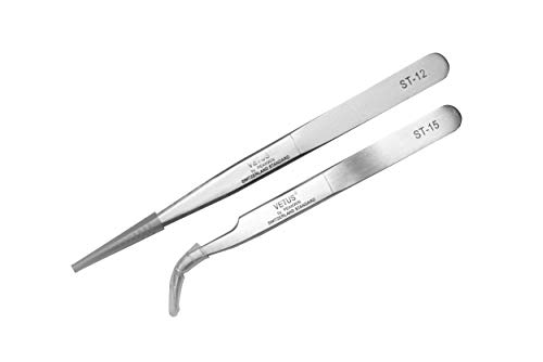 Juego de 2 pinzas de precisión fina Vetus ST-12 (135 mm) y ST-15 (120 mm), herramienta profesional para extensiones de pestañas, pinzas de acero inoxidable curvadas/rectas Juego de 2 pinzas de precisión fina Vetus ST-12 (135 mm) y ST-15 (120 mm), herramienta profesional para extensiones de pestañas, pinzas de acero inoxidable curvadas/rectas