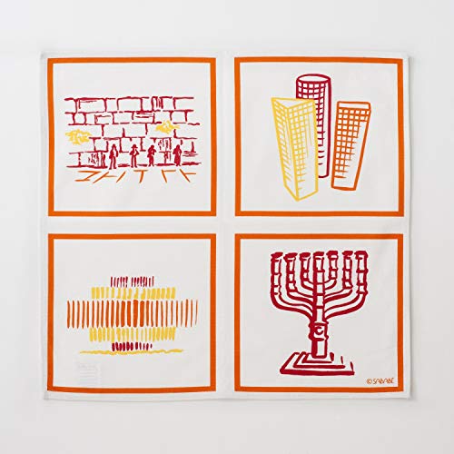 Juego de 2 servilletas de tela "Israel Story", color blanco y naranja – Fabricado en Francia – 100% algodón – Lavable a máquina – Dimensiones: 40 x 40 cm – Art Judaica