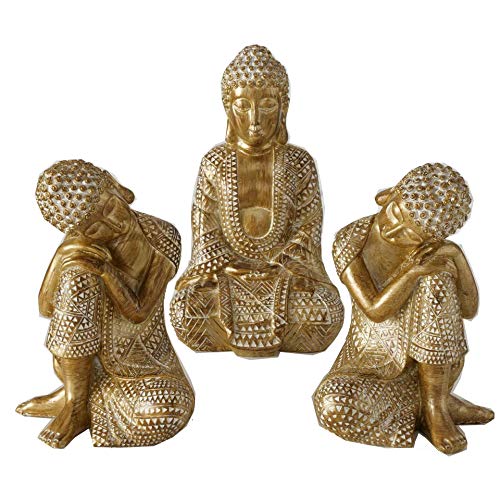 Juego de 3 figuras de Buda sentadas, 18 cm de altura, resina de color dorado Juego de 3 figuras de Buda sentadas, 18 cm de altura, resina de color dorado