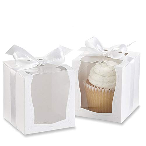 junao 12 Piezas Cajas Cupcakes Blanca, Recipientes de Pastel Desechables, con Bandeja Interior y Cinta Blanca, para Cumpleaños de Fiesta de Cumpleaños de Candy Candy Treat (3.5 x 3.5 x 3.5 Pulgadas)
