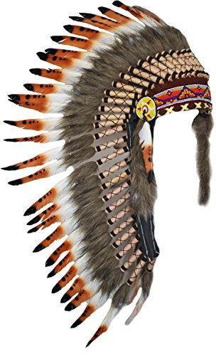 KARMABCN Y18 Indian Hat, Panache, Headdress Feathers Brown, Black and White with Brown Hair