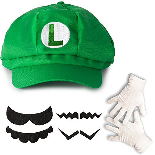 Katara- Juego de Disfraz Super Mario Bros-Gorra de Luigi, 4 Bigotes, Guantes, Adultos, Niños, Color Verde