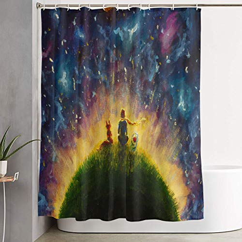 KGSPK Cortinas de Ducha,Pintura al óleo Original Principito y Zorro y Rosa roja sentada sobre la Hierba bajo el Cielo Estrellado,Cortina de baño Decorativa para baño,bañera 180 x 180 cm