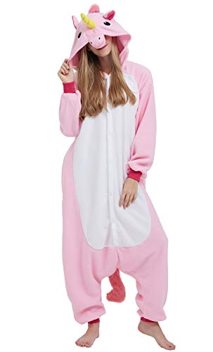 Kigurumi Pijama Animal Entero Unisex para Adultos con Capucha Cosplay Pyjamas Unicornio Rosa Ropa de Dormir Traje de Disfraz para Festival de Carnaval Halloween Navidad