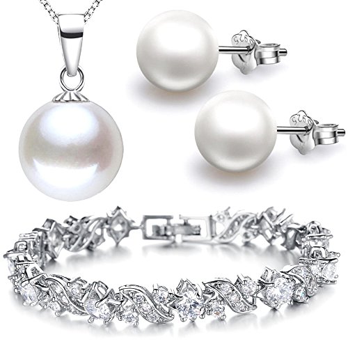 Kim Johanson Juego de joyas para mujer *Linda* en plata, collar con colgante y pendientes de plata de ley 925, pulsera rodiada, con cristales y perlas, incluye bolsa de joyería