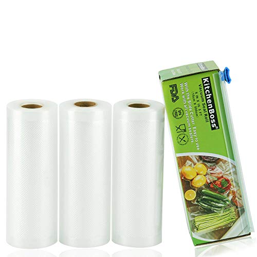 KitchenBoss Bolsas de Vacío Profesional 3 Rolls 15x500cm con Caja de Corte (No Más Tijeras) para Almacenaje de Alimentos, Sous Vide Cocina, BPA Free