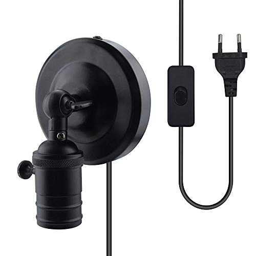 Klarlight Portalámparas E27 Lámpara de pared con interruptor enchufe, ajustable negro tornillo de Edison ES base de la lámpara para salón, pasillo, dormitorio (no incluye bombilla)