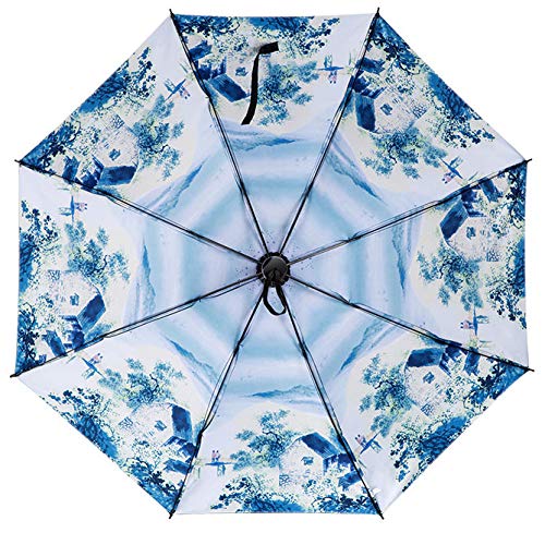 Langchao Sunny Paraguas sombrilla de Vinilo Parasol Protector Solar Estilo Chino Tinta Plegable Arte Antiguo Cloud Town Flor Interior