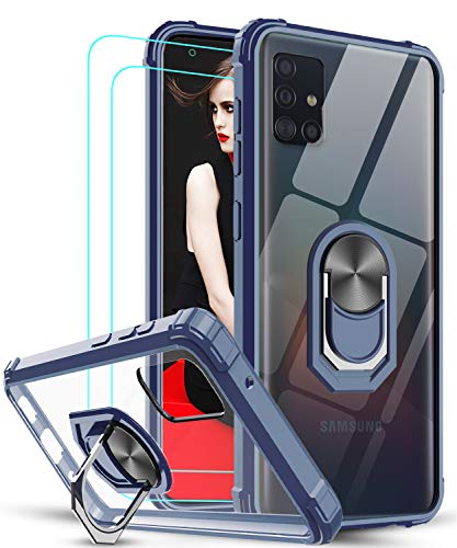 LeYi Funda Samsung Galaxy A51 5G con [2-Unidades] Cristal Vidrio Templado,Transparente Carcasa con 360 Grados iman Soporte Silicona Bumper Antigolpes Armor Case para Movil A51 5G,Clear Azul