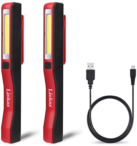 Linkax Linterna Taller Led Recargable,2 en 1 lámpara de inspección,LED COB Portátil Linterna con Base Magnética para Emergencia, Taller, Automóviles (Rojo, 2 Piezas)