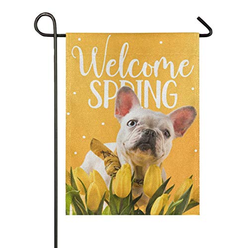 LL-Shop Bulldog francés y Tulipanes de Primavera Arpillera Bandera de jardín de Doble Cara, Banderas de la casa, Bandera Decorativa de Temporada de Vacaciones al Aire Libre