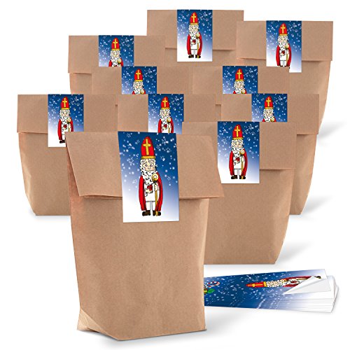 Logbuch-Verlag 25 bolsas de papel kraft 14 x 22 x 5,6 cm marrón + 25 pegatinas navideñas con motivo San Nicolás azul rojo - embalaje de Navidad - día de San Nicolás