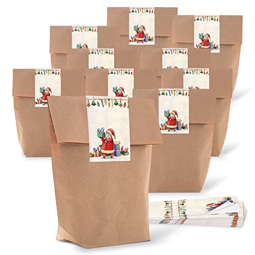 Logbuch-Verlag 25 bolsas de papel kraft 14 x 22 x 5,6 cm marrón + 25 pegatinas navideñas con motivo San Nicolás con regalos - embalaje de Navidad