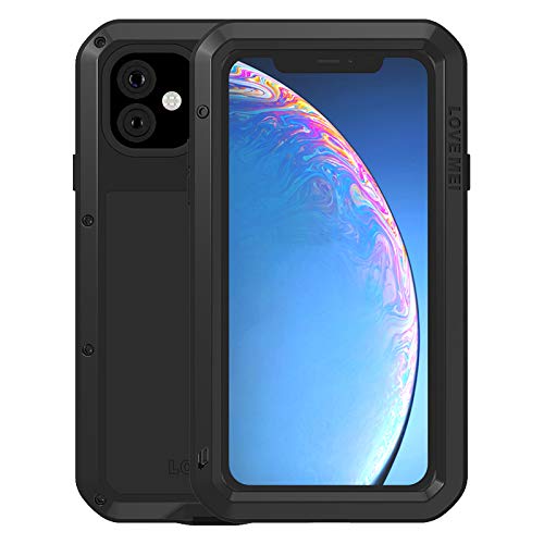 LOVE MEI para iPhone 11 Funda,Heavy Duty Antigolpes Impermeable a Prueba de Polvo Cubierta Caja de Protección Metal Aluminio Funda para iPhone 11 (6,1 Pulgadas) con Vidrio Templado (Negro)