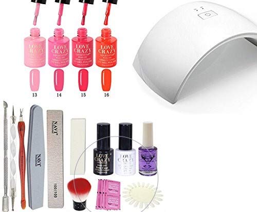 LoveCrazy 4pcs Kit De Colores 13-16 en Gel Manicura Semipermanente + TopCoat y BaseCoat UV LED Manicura Arte +Lámpara Secador 9C de Uñas UV/LED + Removedores+ Lima+otros productos (9C KIT 13-16) LoveCrazy 4pcs Kit De Colores 13-16 en Gel Manicura Semipermanente + TopCoat y BaseCoat UV LED Manicura Arte +Lámpara Secador 9C de Uñas UV/LED + Removedores+ Lima+otros productos (9C KIT 13-16)