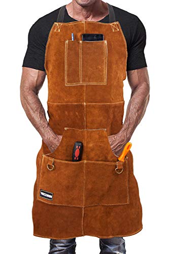 Mandil de Soldador Premium de Cuero Protector para Hombre. Delantal de Herrero Termico Ignifugo para Soldadura en Taller con 6 Bolsillos para Herramientas Mandil de Soldador Premium de Cuero Protector para Hombre. Delantal de Herrero Termico Ignifugo para Soldadura en Taller con 6 Bolsillos para Herramientas
