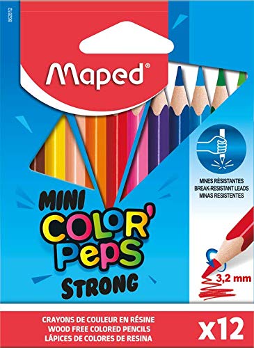 Maped – Lápices de colores STRONG Mini Color'Peps – 12 lápices de colorear ultra resistentes y ergonómicos – Estuche de 12 lápices pequeños