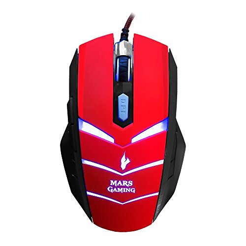 Mars Gaming MMVU1 - Ratón gaming para PC (5000 DPI, sensor óptico Avago, iluminación LED en 7 colores, 6 botones gaming, efecto respiración, aceleración 20 G, ambidiestro), color rojo y negro