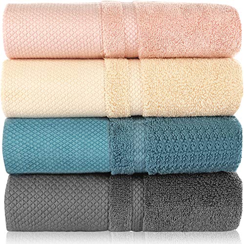 Mecdino Juego de 4 toallas de mano, 100% algodón, suaves y absorbentes, 34 cm x 74 cm, cuatro colores (azul, rosa, amarillo, gris)