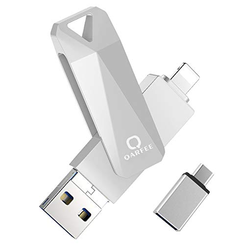 Memoria USB para iPhone 32GB Qarfee Pendrive USB 3.0 4 en 1 Memory Stick para Android iPad Computadoras Laptops Smartphone OTG Flash Drive Expansión USB(Plata)