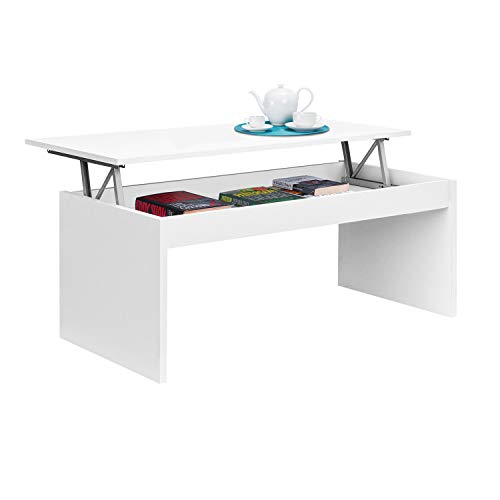 Mesa de Centro elevable, mesita Mueble Salon Comedor, Blanco Brillo, Medidas: 102 cm (Ancho) x 43/52 cm de (Alto) x 50 cm (Fondo)