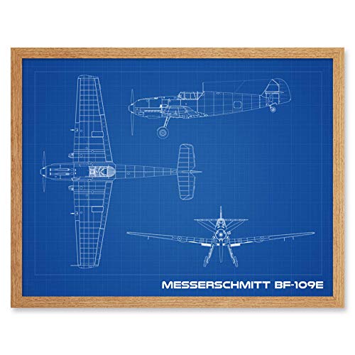 Messerschmitt BF 109E Fighter Plane Blueprint Plan Art Print Framed Poster Wall Decor 12x16 Inch Combatiente Avión Azul Póster Pared