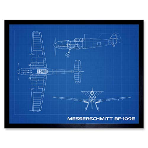 Messerschmitt BF 109E Fighter Plane Blueprint Plan Art Print Framed Poster Wall Decor 12x16 Inch Combatiente Avión Azul Póster Pared