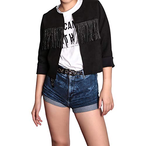 MForshop Chaqueta corta para mujer con flecos de ante 5414 Negro Talla única MForshop Chaqueta corta para mujer con flecos de ante 5414 Negro Talla única
