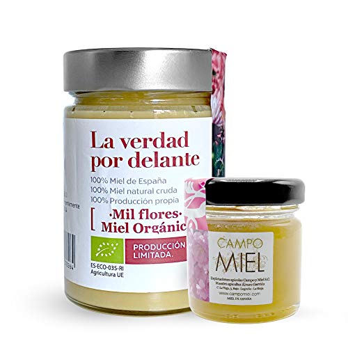 Miel de abeja ecologica pura Milflores | Miel de España 100% Natural, Organica, Fresca y Cruda con certificado Ecológico 450 Gr / Miel cruda, extracción en frío. Producción ecológica 100%