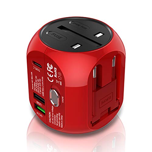 Milool Adaptador de viaje con tecnología QC3.0, adaptador de viaje universal tipo C + 2 USB (US/EU/UK/AU), 30 W, cargador de viaje todo en uno, adecuado para más de 150 países, color rojo