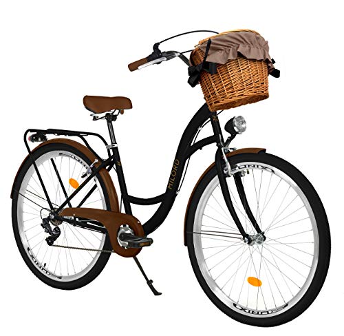 Milord Bikes Bicicleta de Confort, Negro-marrón, de 7 Velocidad y 26 Pulgadas con Cesta y Soporte Trasero, Bicicleta Holandesa, Bicicleta para Mujer, Bicicleta Urbana, Retro, Vintage