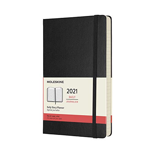 Moleskine - Agenda Diaria 2021 de 12 Meses con Tapa Dura y Cierre Elástico, Tamaño Grande de 13 x 21 cm, Color Negro, 400 Páginas