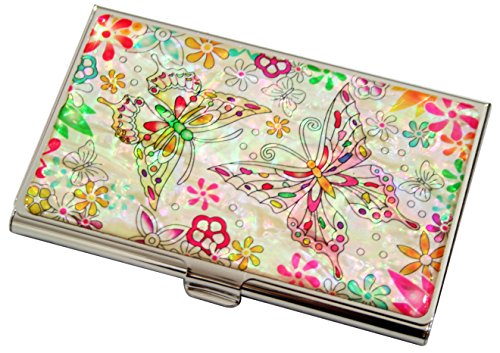 Mother of Pearl Butterfly Flower Design Womens Business Credit Name ID Card Holder Case Metal Stainless Steel Engraved Slim Purse Pocket Cash Money Wallet Mother of Pearl Butterfly Flower Design Womens Business Credit Name ID Card Holder Case Metal Stainless Steel Engraved Slim Purse Pocket Cash Money Wallet